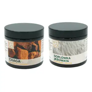 Zestaw  Soplówka jeżowata - Lion's mane - Hericium Chaga - Błyskoporek podkorowy MYQO 2 x 90 kaps.